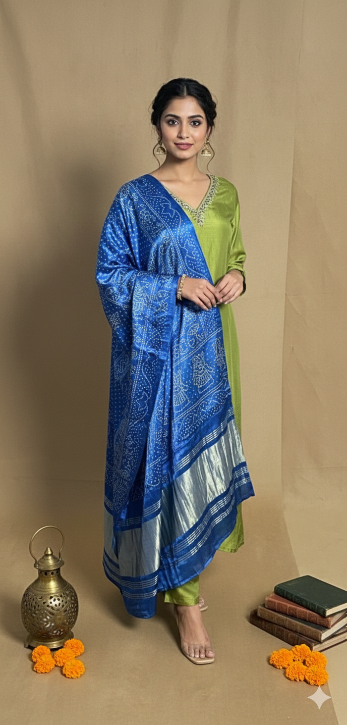 Mehendi Green Russian Silk Straight Cut 3 Piece Set NK267
