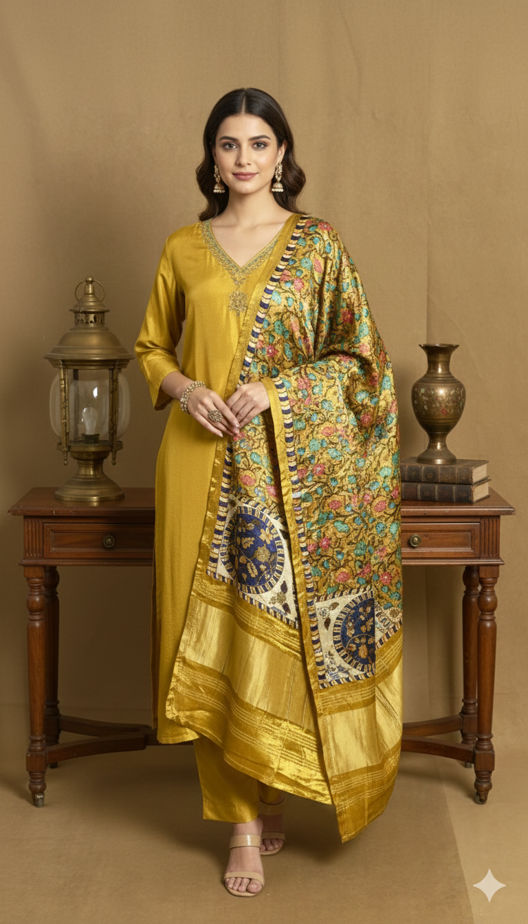Yellow Russian Silk Straight Cut 3 Piece Set With Silk Dupatta NK189