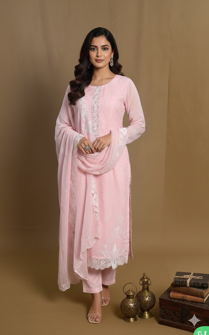 Baby Pink Soft Organza Straight Cut 3 Piece Set NK173