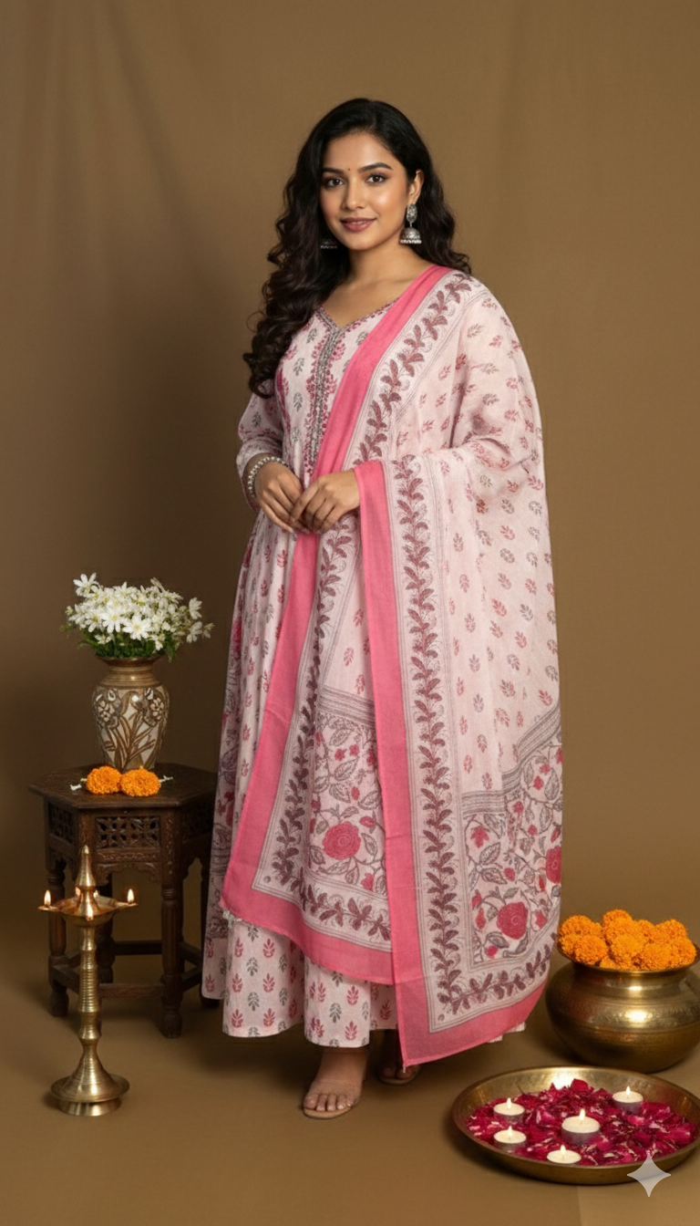 Baby Pink Mul Cotton Anarkali 3 Piece Set NK215