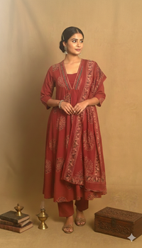 Red Pure Cotton A Line Cut 3 Piece Set NK201