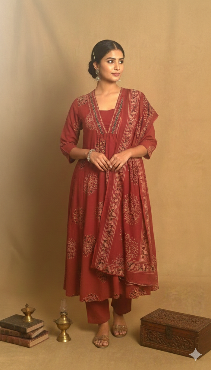 Red Pure Cotton A Line Cut 3 Piece Set NK201