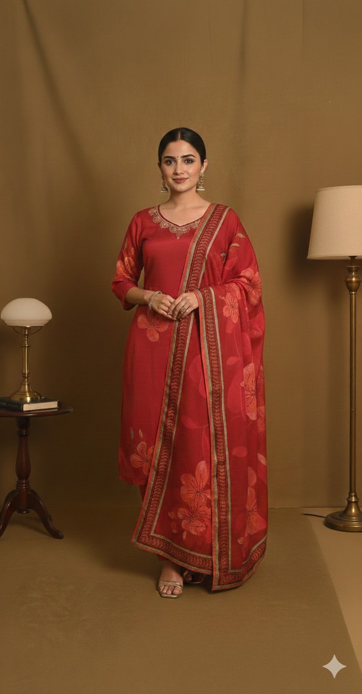 Red Muslin Straight Cut 3 Piece Set NK206