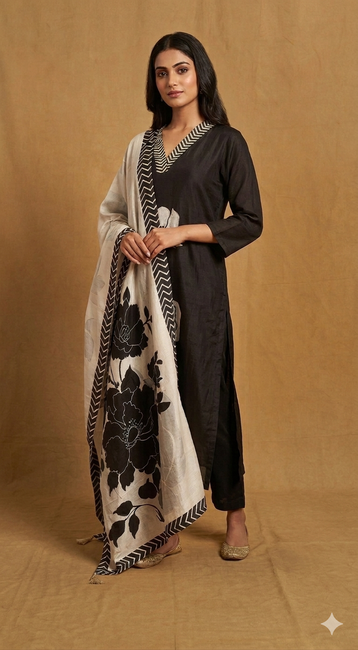 Black Russian Silk Straight Cut 3 Piece Set NK181