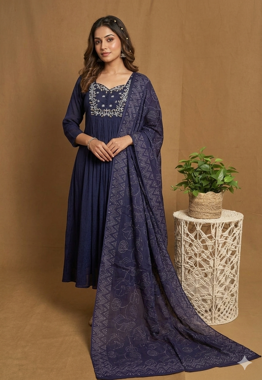 Dark Royal  Blue Chinon A line Cut 3 Piece Set NK153