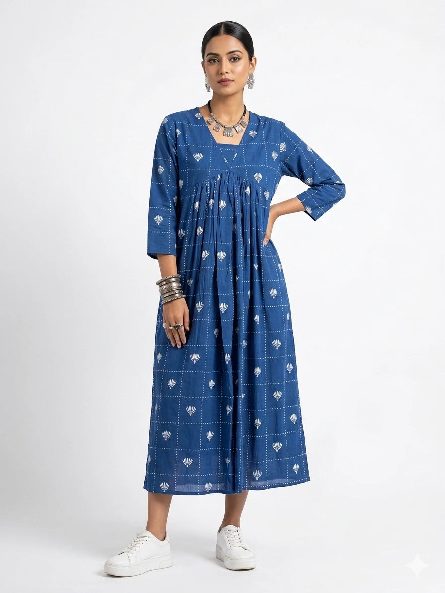 Blue Jaipur Handblock Cotton Dress NK331