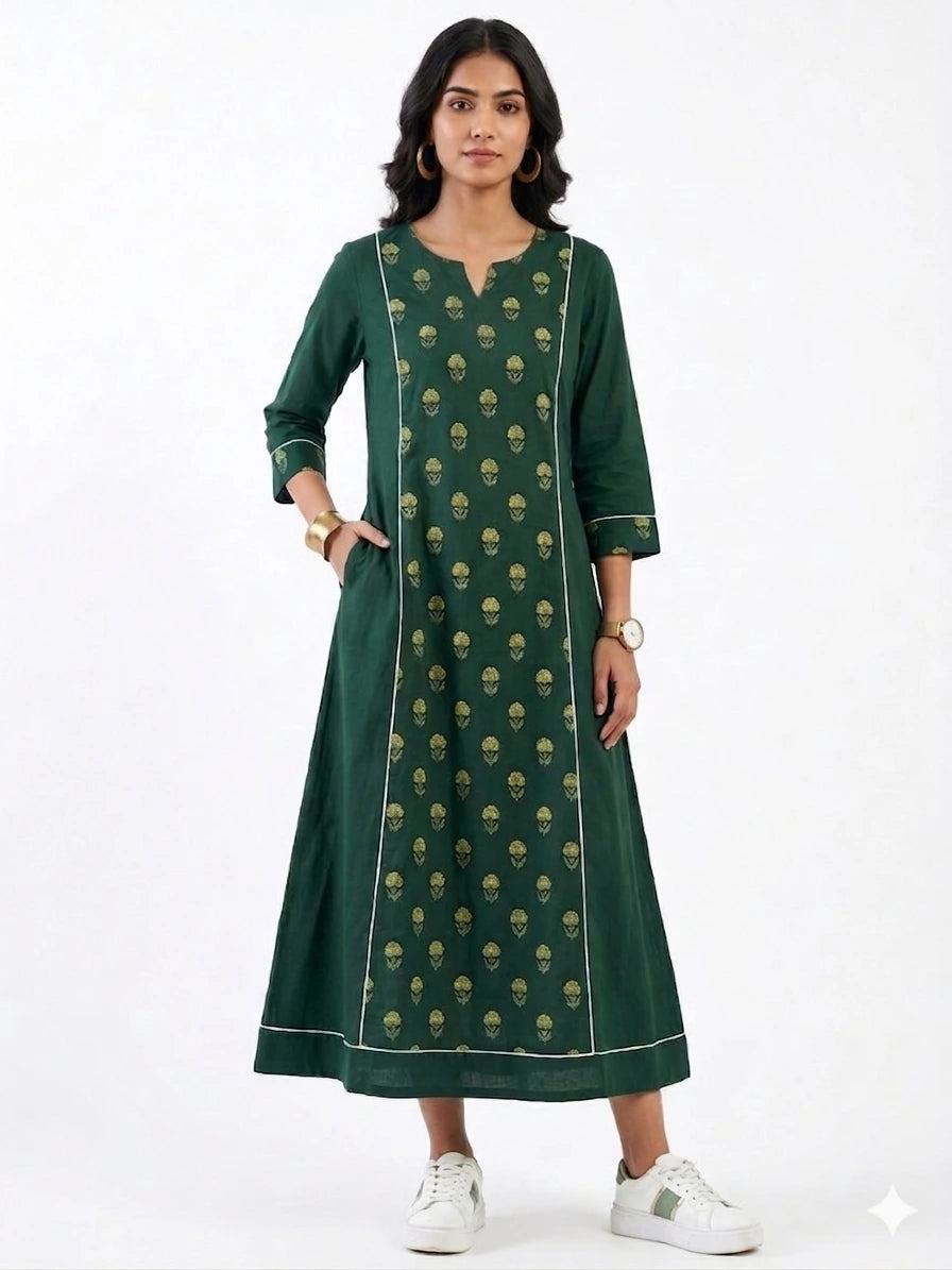 Green Jaipur Handblock Cotton Dress NK357