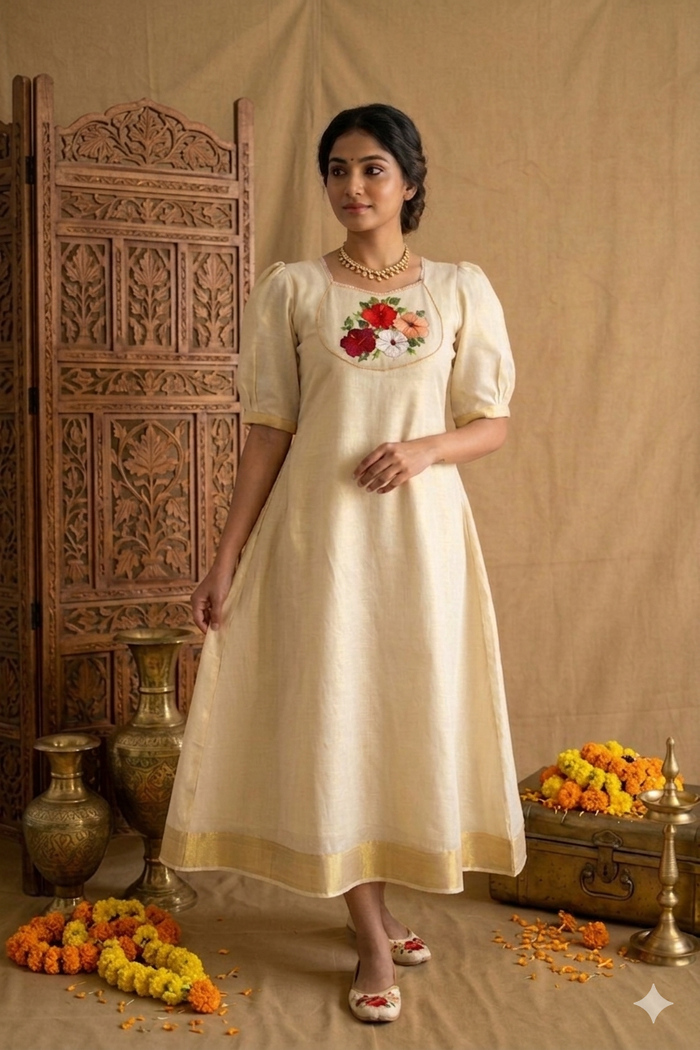 Hibiscus Onam A Line Handwork Dress NK294
