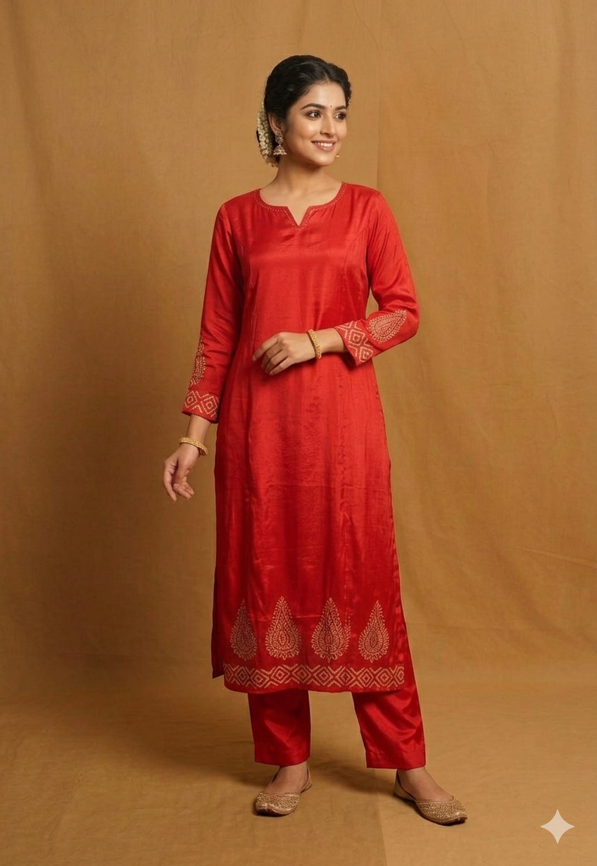 Red Muslin Straight Cut 2 Piece Set NK115