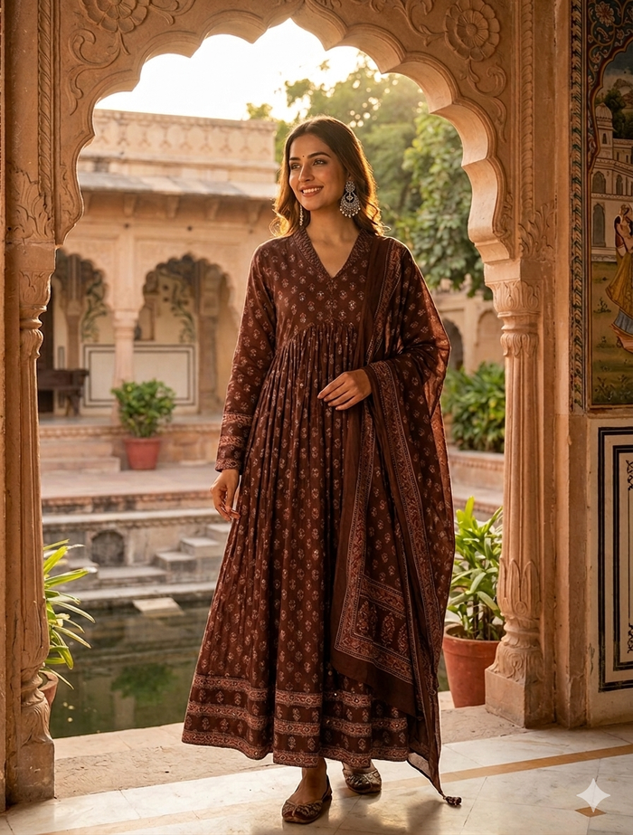 Brown Cotton Anarkali 3 Piece Set NK393