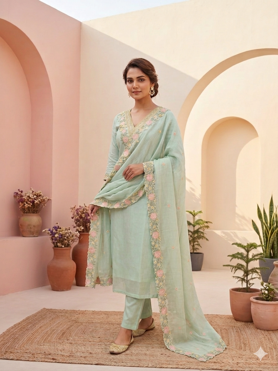 Pastel Green Kota Dori Straight cut 3 Piece Set NK398