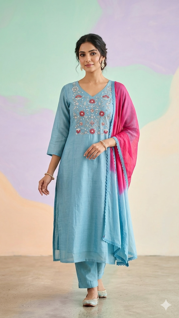 Blue Pink Mul Cotton Straight Cut 3Piece Set NK406