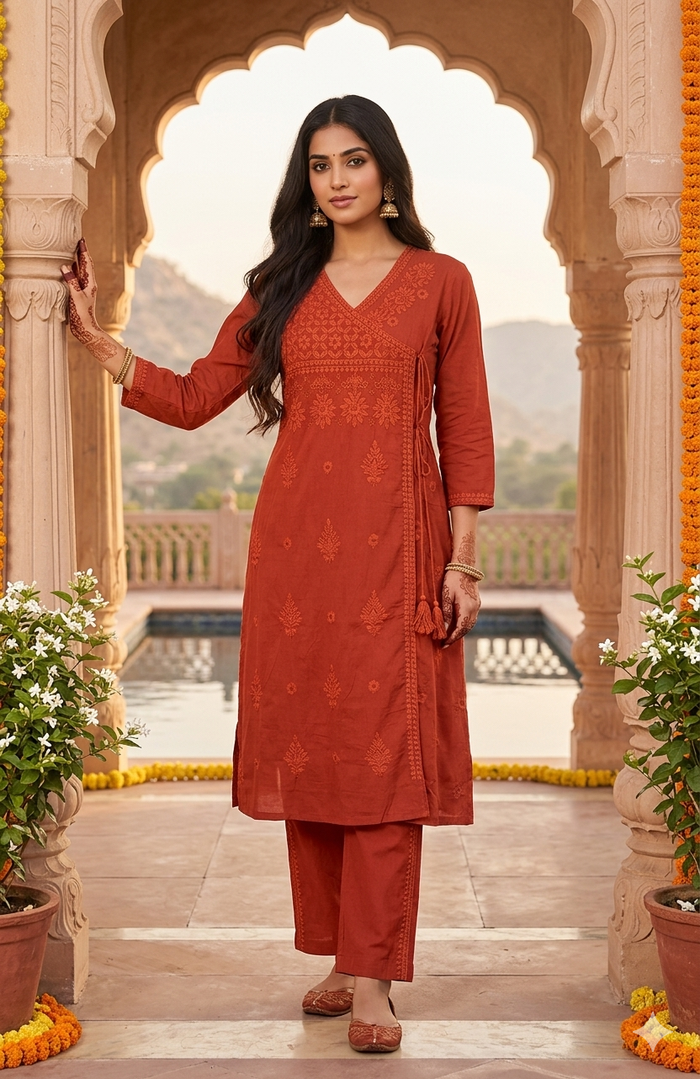 Rust Orange Cotton Angrakha Syle 2 Piece Set NK362