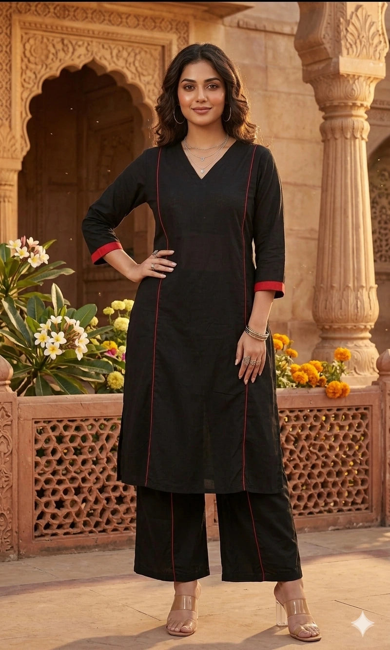 Black Cotton Plus Size Straight Cut 2 Piece Set NK481