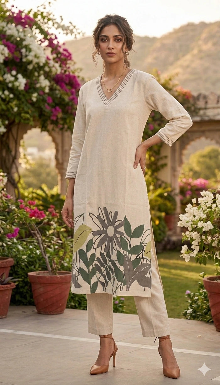 Cream Cotton Plus Size  Straight Cut 2 Piece Set NK419