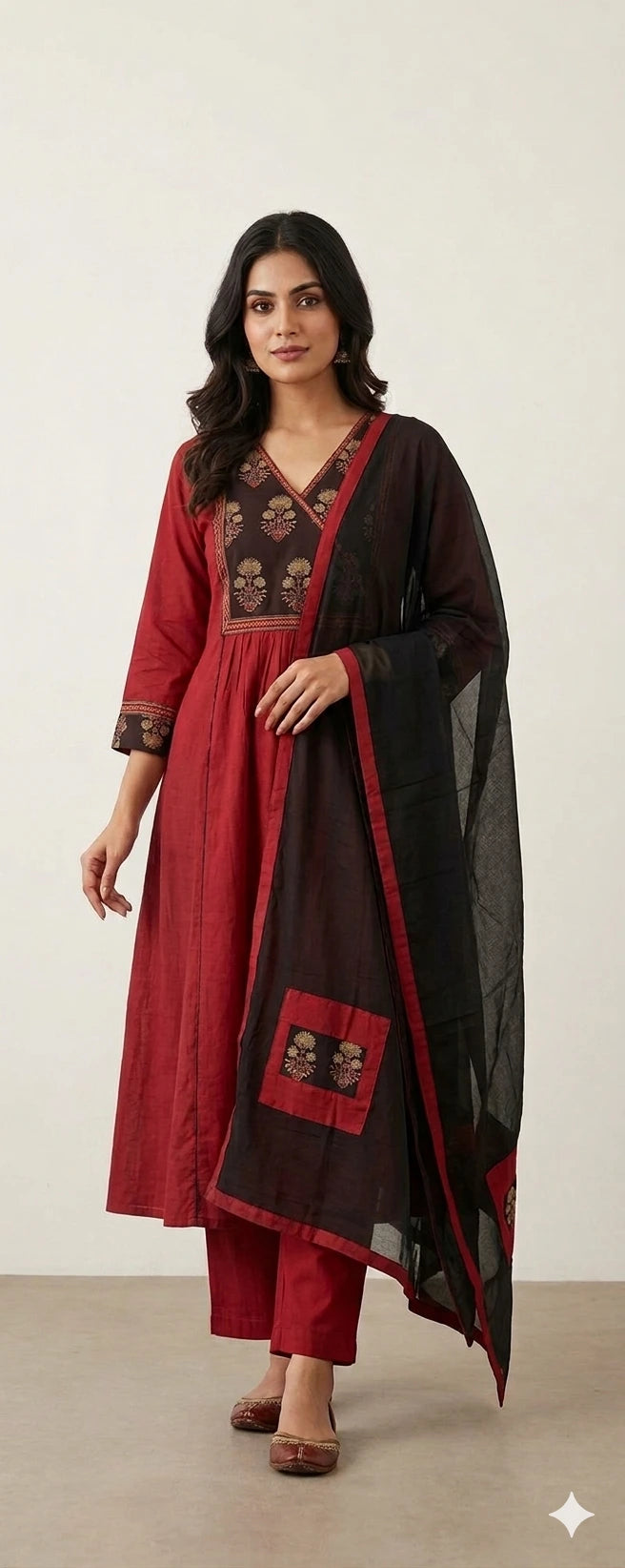 Red Cotton Plus Size A Line 3 Piece Set NK415