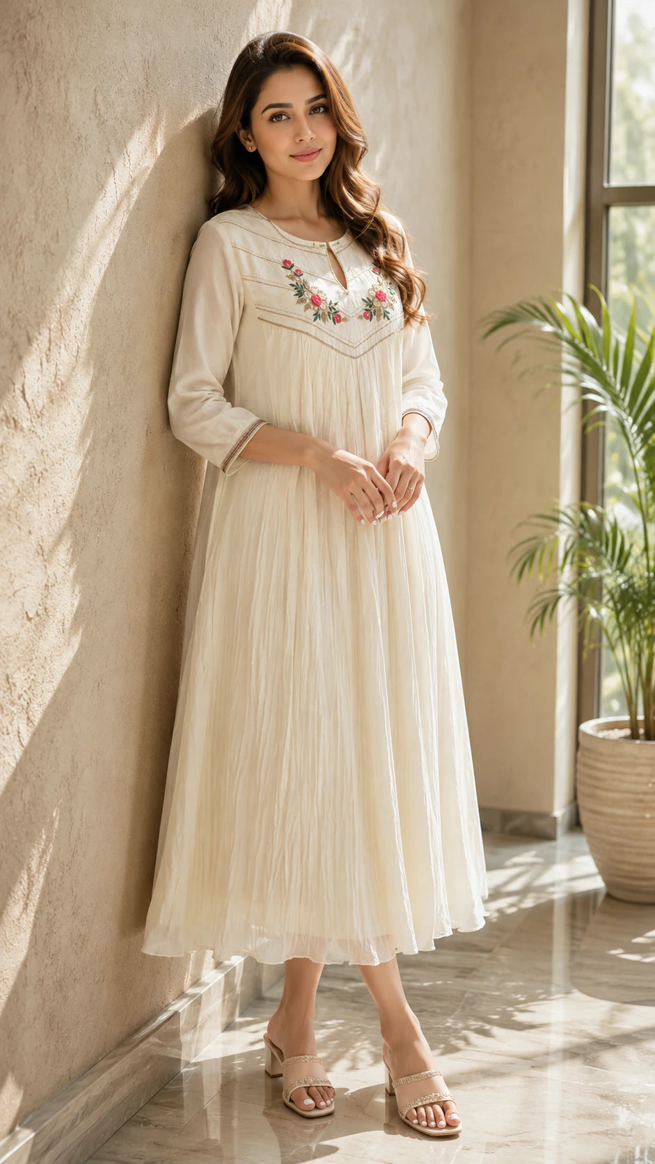 White Cotton Rose Handwork A line Dress NK441