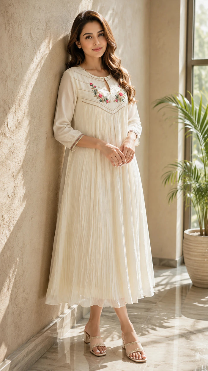 White Cotton Rose Handwork A line Dress NK441