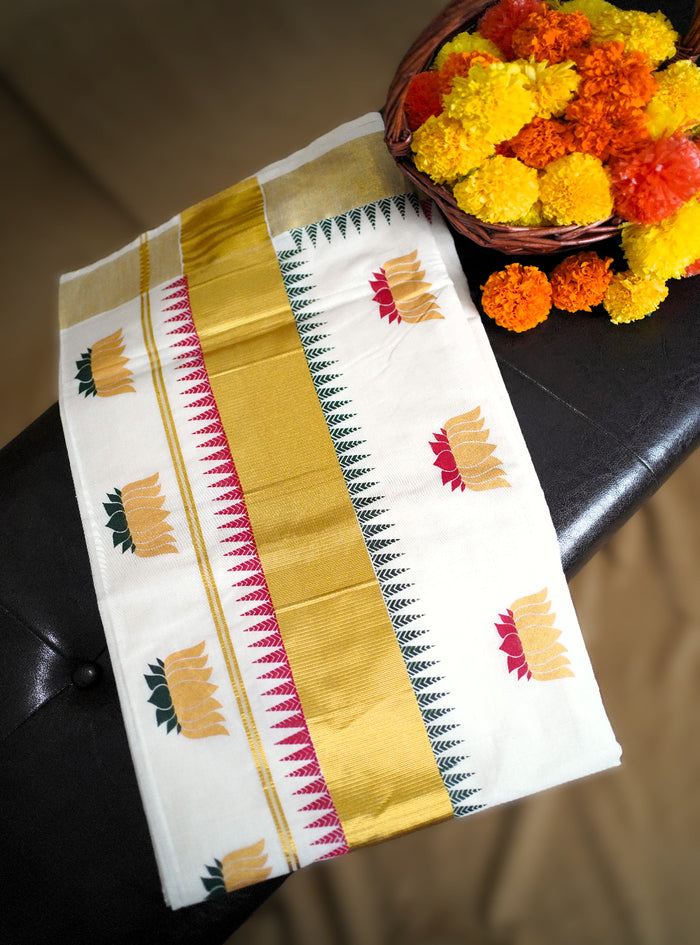 Decorative fabric with geometric patterns next to a basket of marigold flowers.