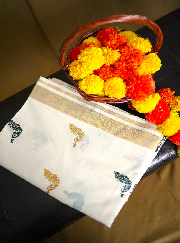Saree with floral decorations on a dark surface