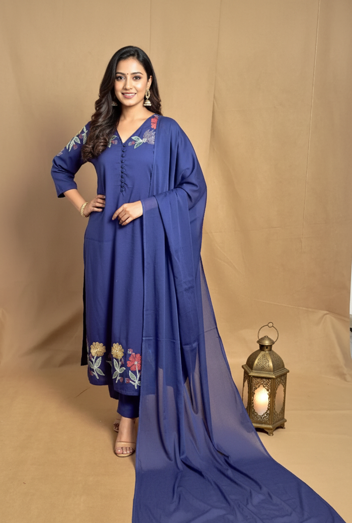 Blue Cotton Embroidery Straight Cut 3 Piece Set NK244