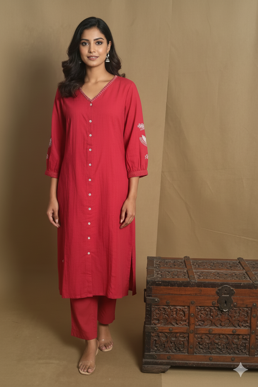 Dark Pink Pure Cotton Straight Cut 2 Piece Set NK128