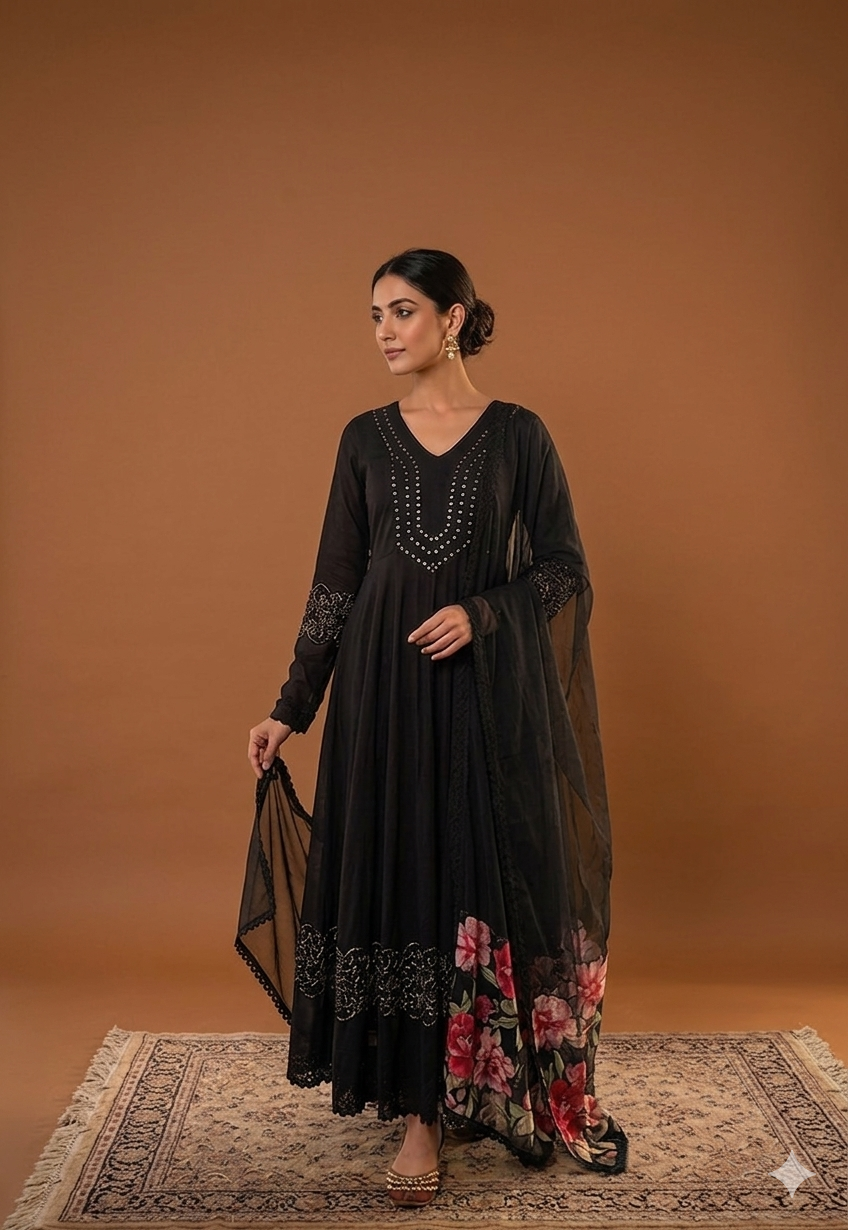 Black Mul Cotton Anarkali 3 Piece Set NK211