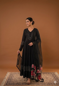 Black Mul Cotton Anarkali 3 Piece Set NK211