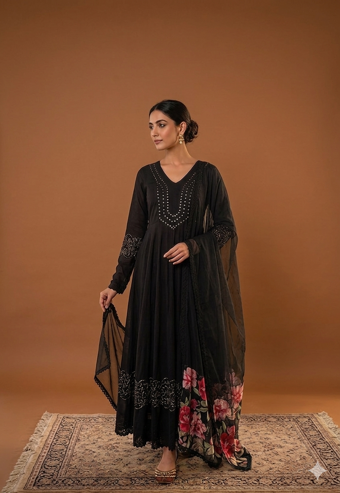 Black Mul Cotton Anarkali 3 Piece Set NK211