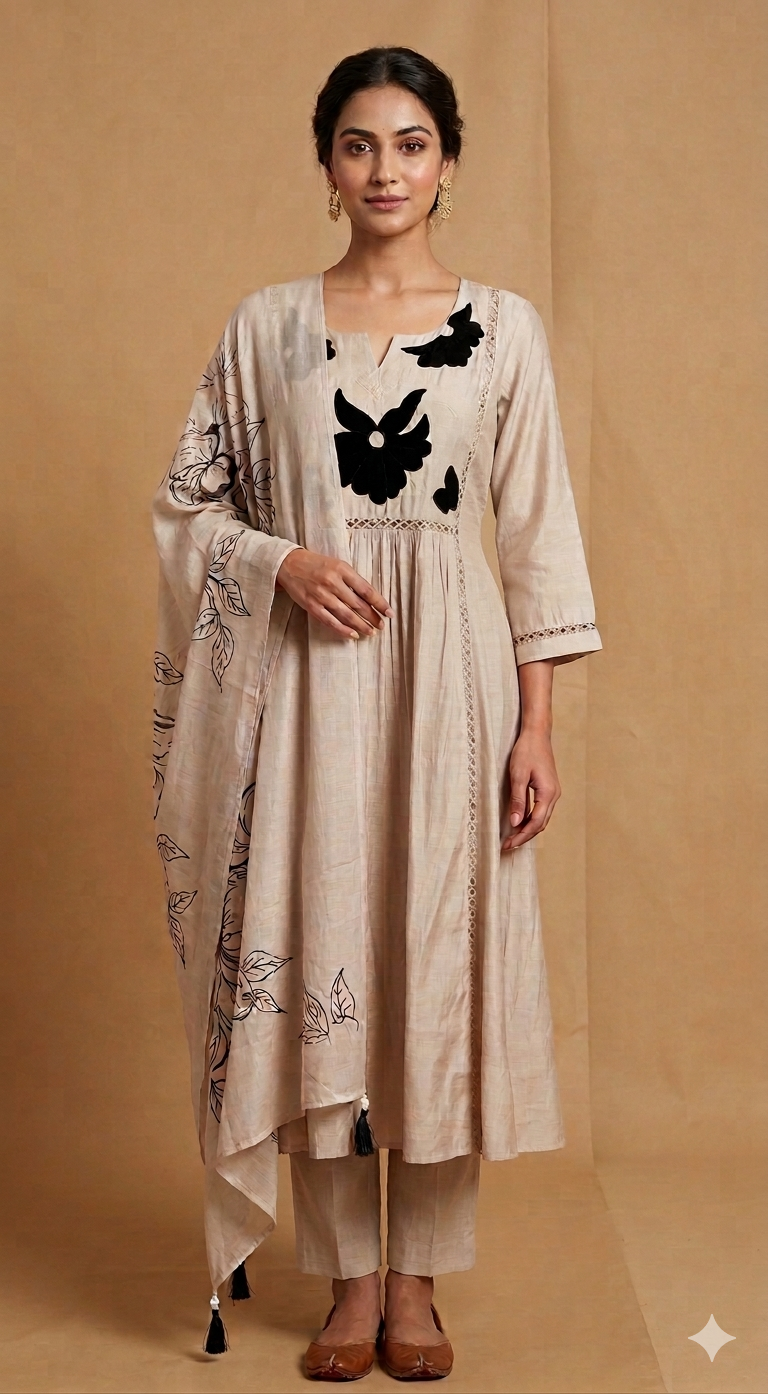 Beige Viscose A Line Cut With Embroidery 3 Piece Set NK185