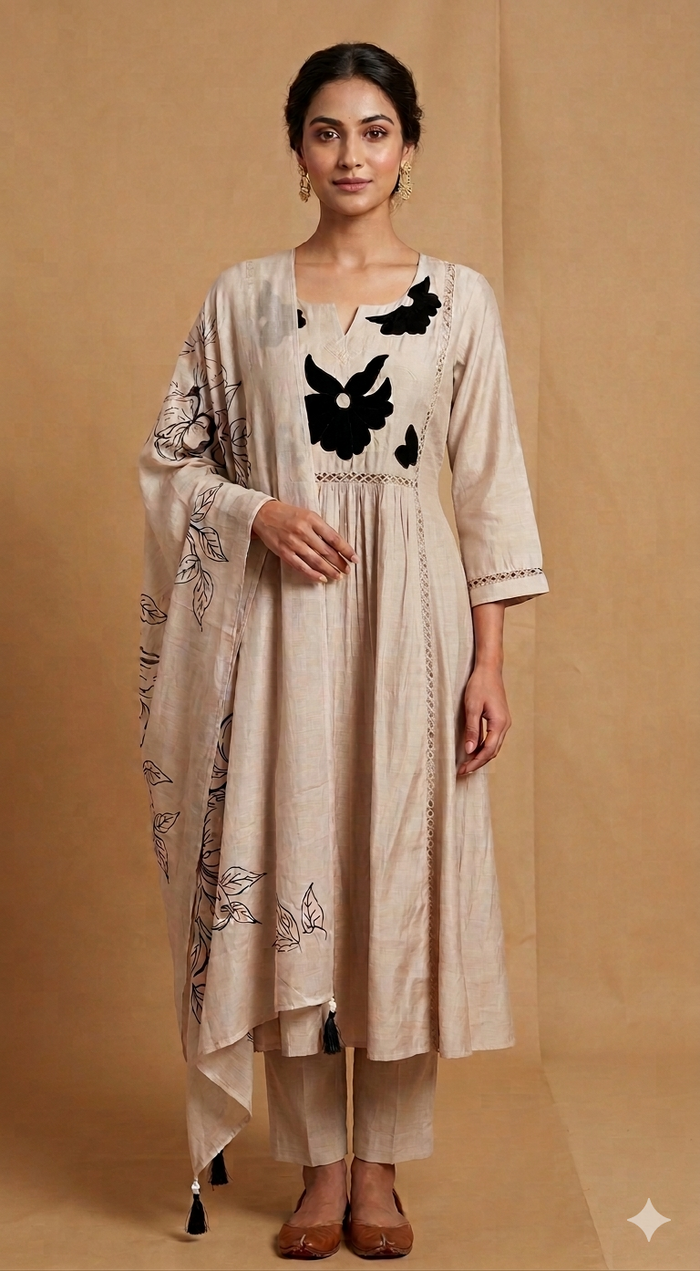 Beige Viscose A Line Cut With Embroidery 3 Piece Set NK185