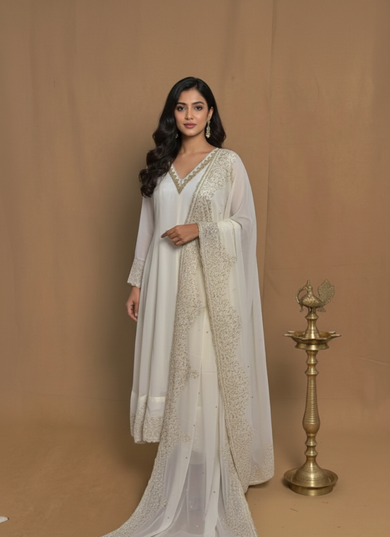 White Anarkali Soft Georgette 3 Piece Set NK161