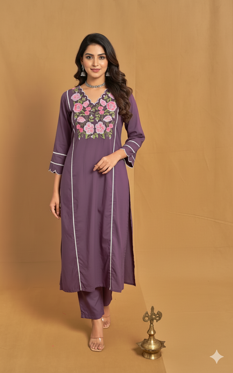 Purple Cotton Embroidery Straight Cut 2 Piece Set NK249