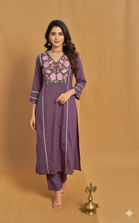 Purple Cotton Embroidery Straight Cut 2 Piece Set NK249