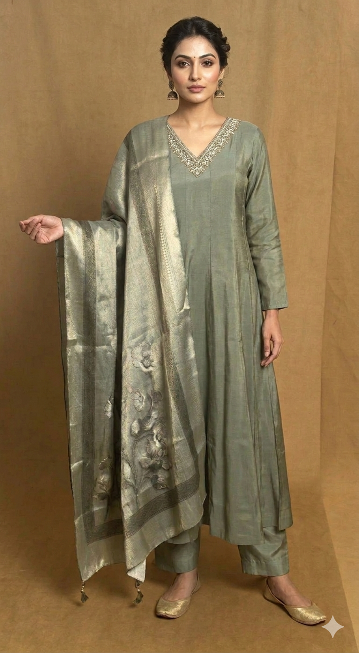 Pastel Green Pure Shimmer Anarkali 3 Piece Set NK169