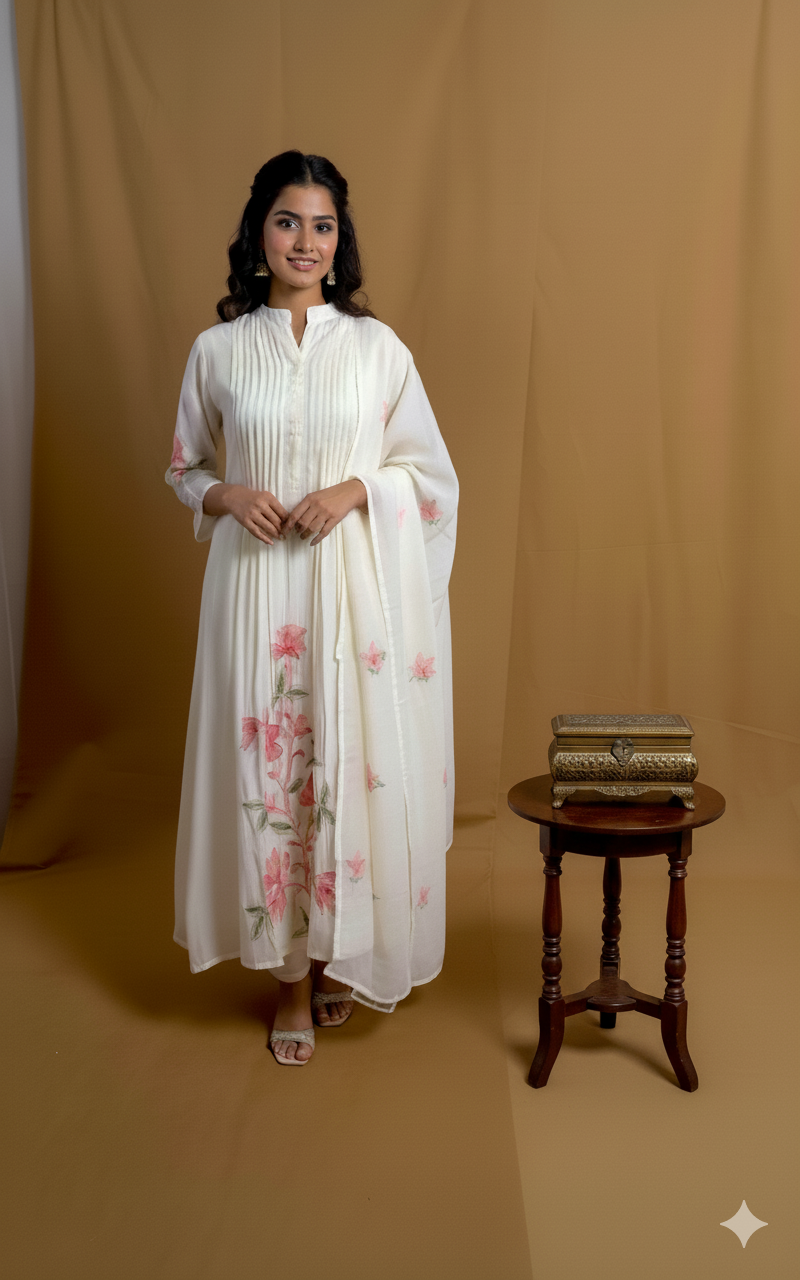 White Mul Cotton Embroidery A Line 3 Piece Set NK276