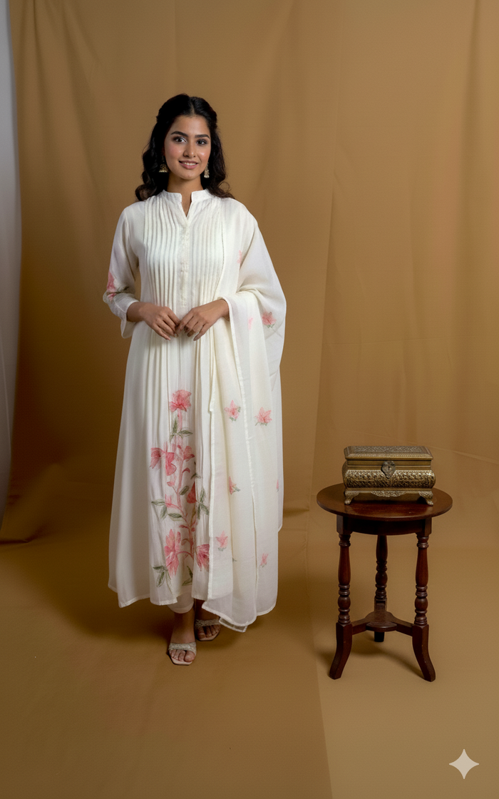 White Mul Cotton Embroidery A Line 3 Piece Set NK276
