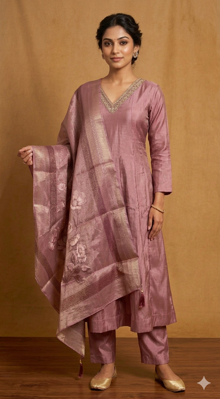 Dusty Rose Pure Shimmer Anarkali 3 Piece Set NK177