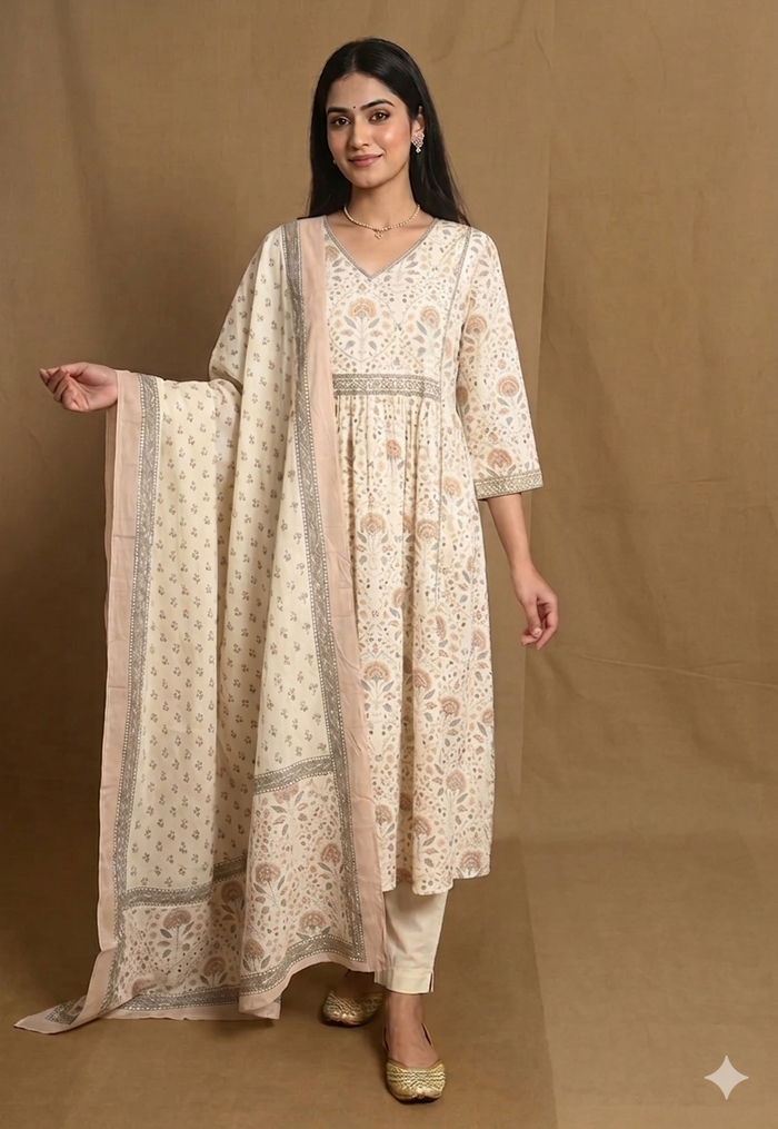 Offwhite Pure Cotton A line 3 Piece Set NK 120