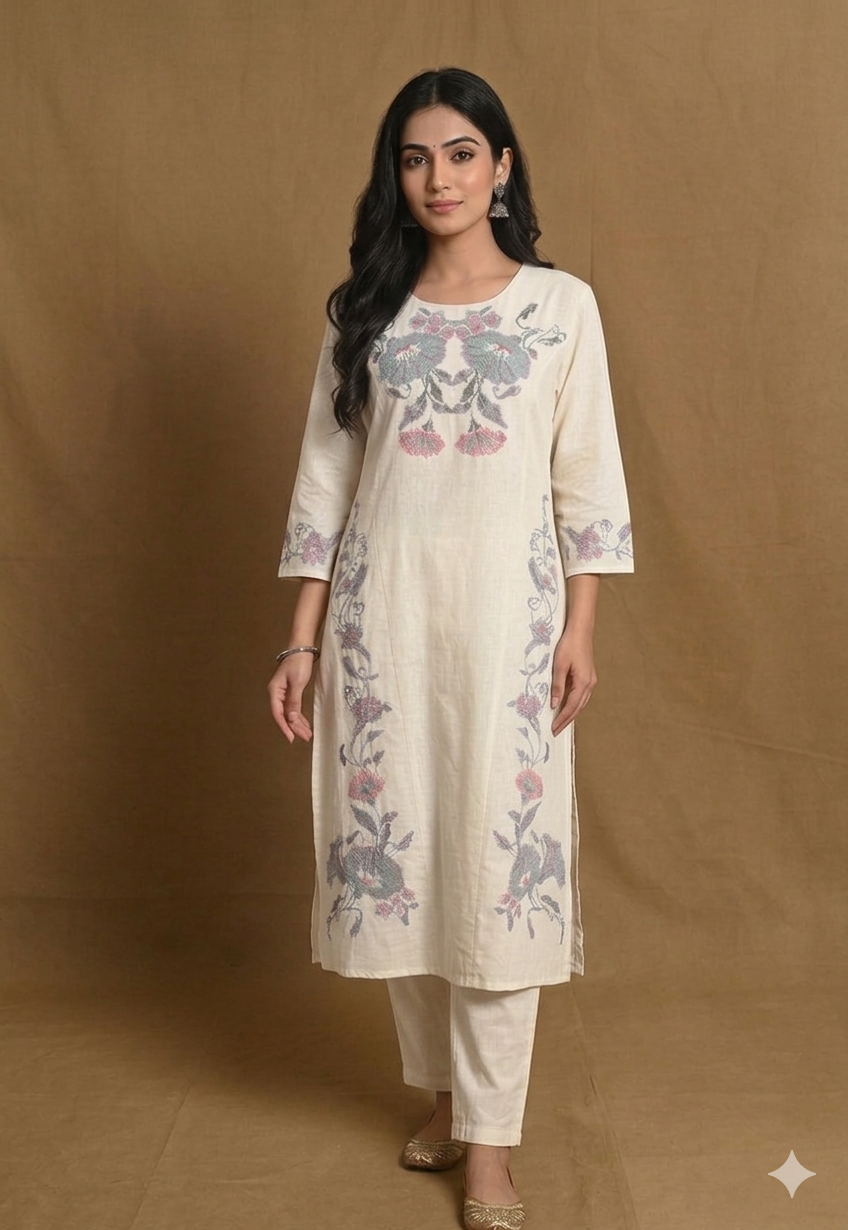 White Cotton Straight Cut Embroidery 2 Piece Set NK124