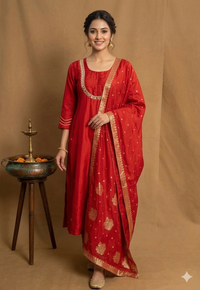 Red Russian Silk Straight Cut 3 Piece Set NK136