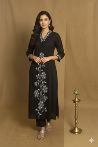Black Cotton A line Embroidery 2 piece Set NK110