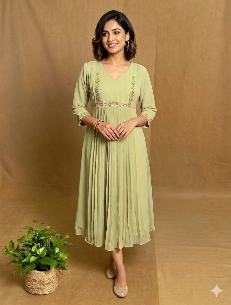 Pastel Green Georgette A Line Handwork Dress NK229