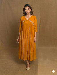 Mustard Yellow Georgette A Line Handwork Dress NK239