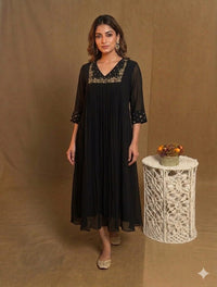 Black Georgette A Line Handwork Dress NK234
