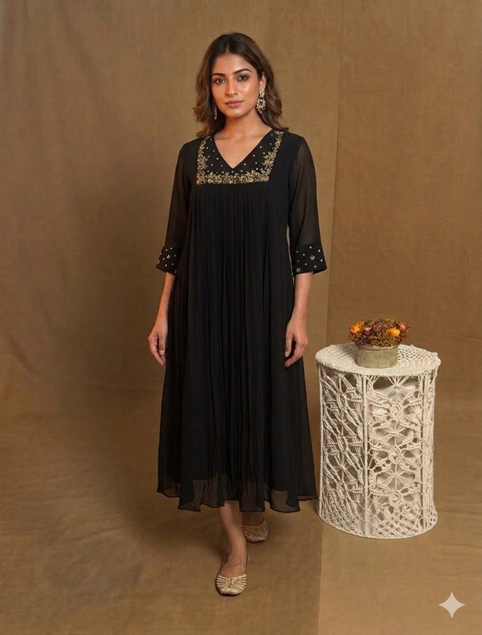 Black Georgette A Line Handwork Dress NK234
