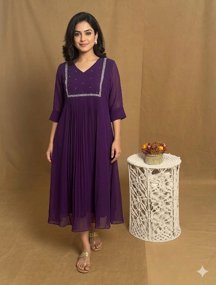 Purple Georgette A Line Handwork Dress NK224