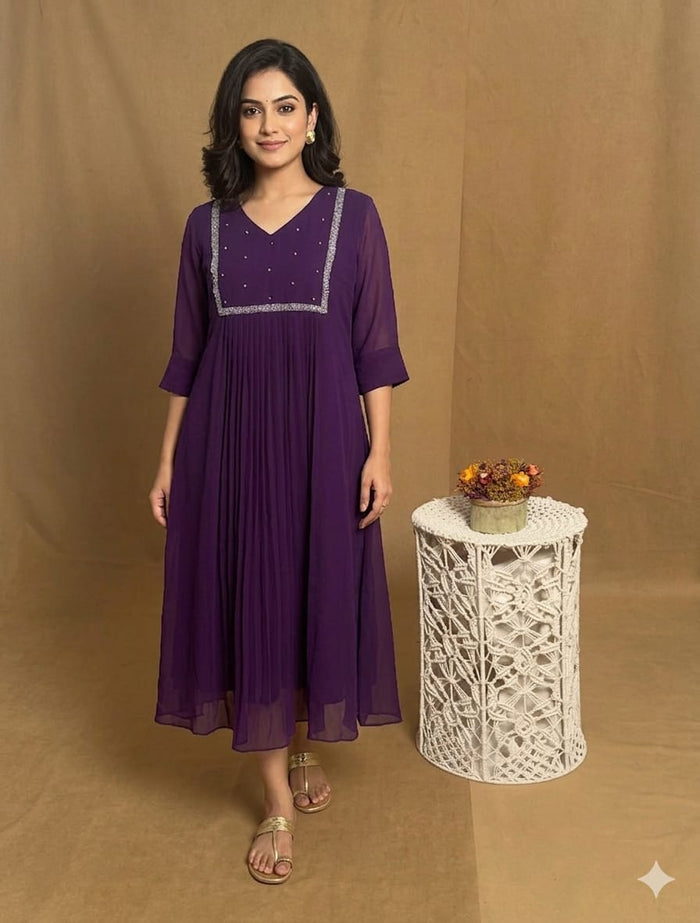 Purple Georgette A Line Handwork Dress NK224