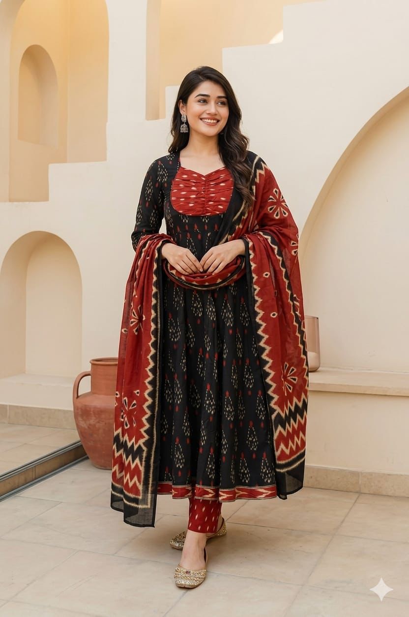 Black Cotton Anarkali 3 Piece Set NK375
