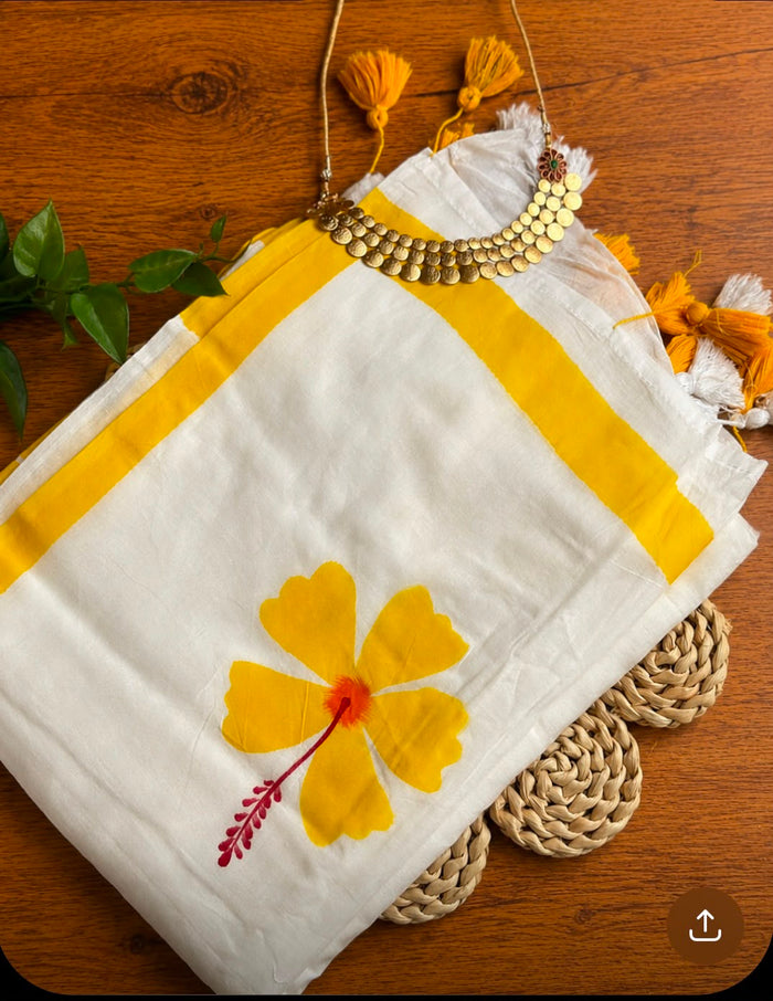 Yellow Hibiscus Mul Cotton Saree NK497